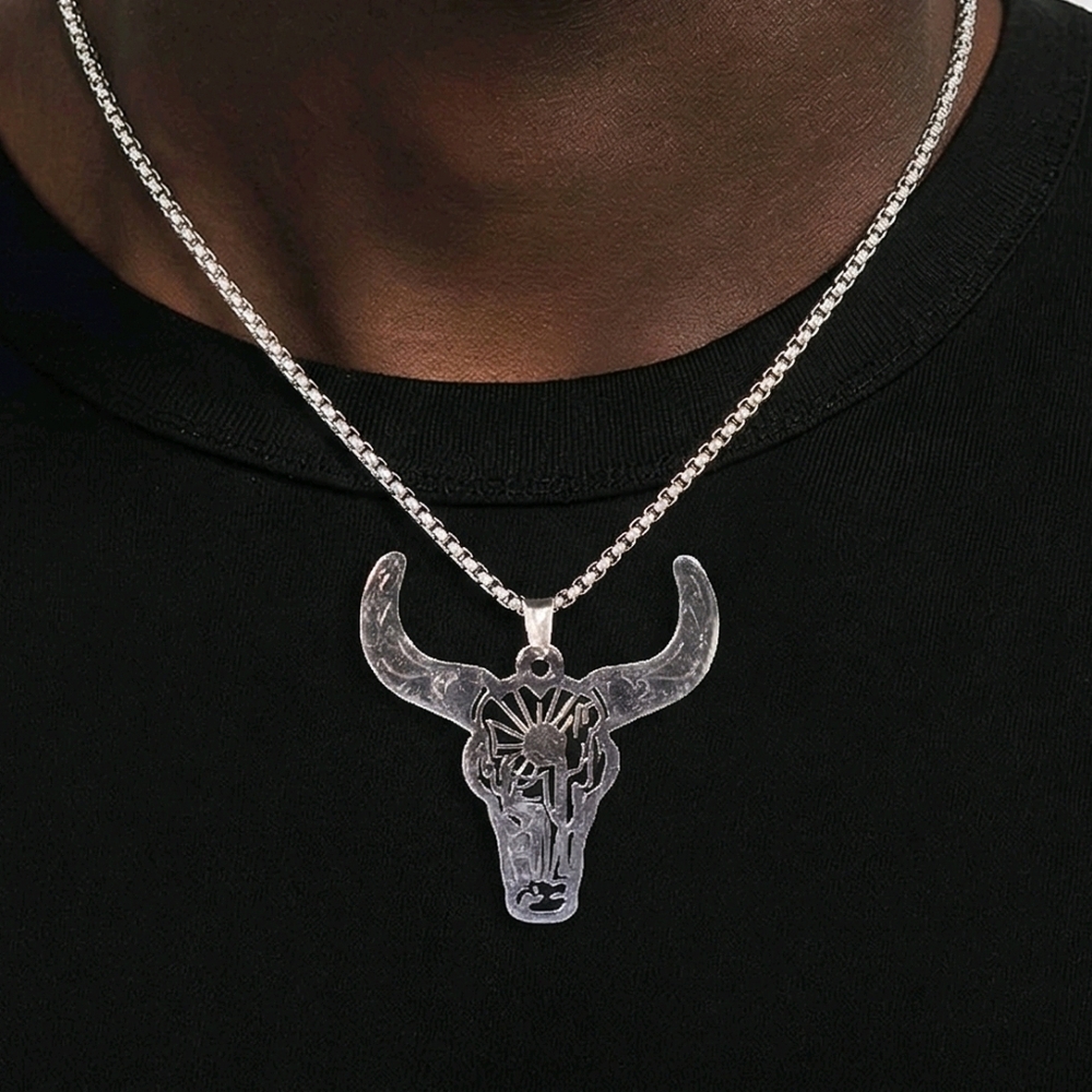 Silver Bull Skull Necklace Laser Cut Steer Head Pendant 24" Chain Sleek Western